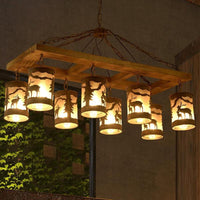 8 Lights Ceiling Light Country Style Linear Wood and Metal Hanging Chandelier in Bronze - Rebooters