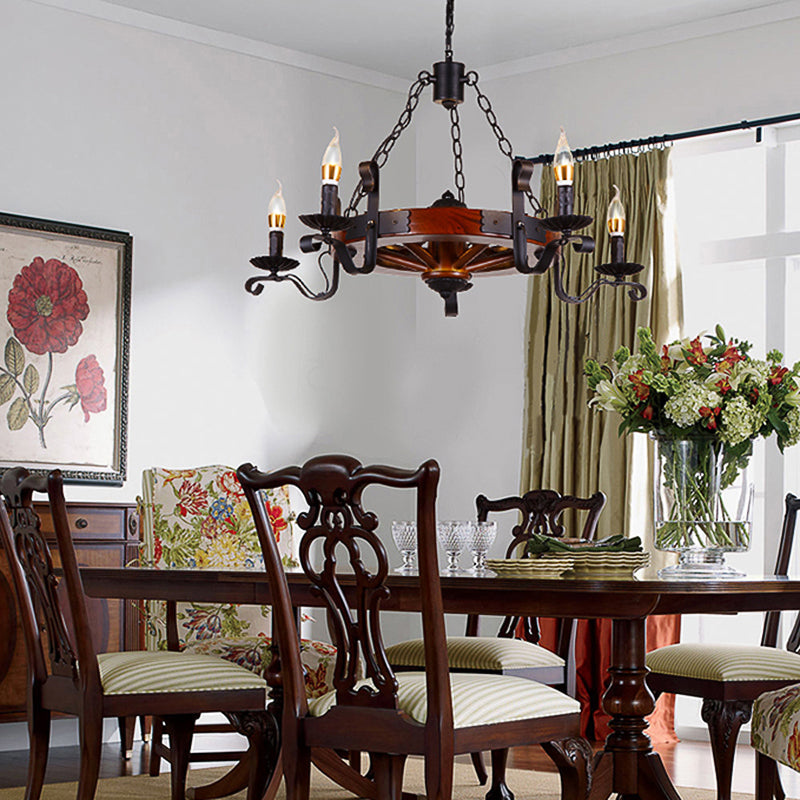 Red Brown Candle Chandelier Lamp Country Wood 3/5/6 Lights - Rebooters