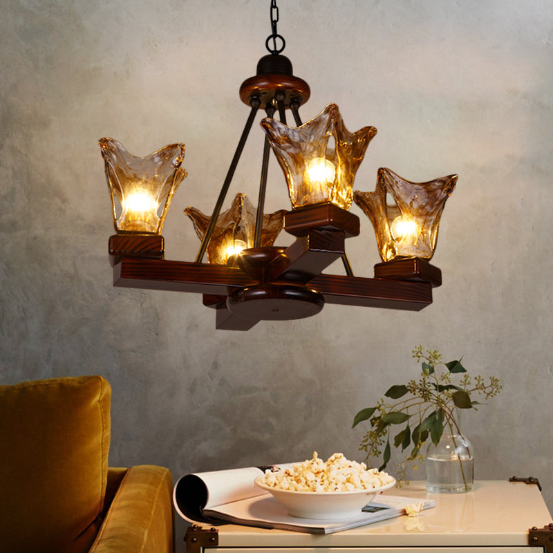 Wood Flower Shaped Hanging Chandelier Rustic 4/6 Lights Pendant - Rebooters