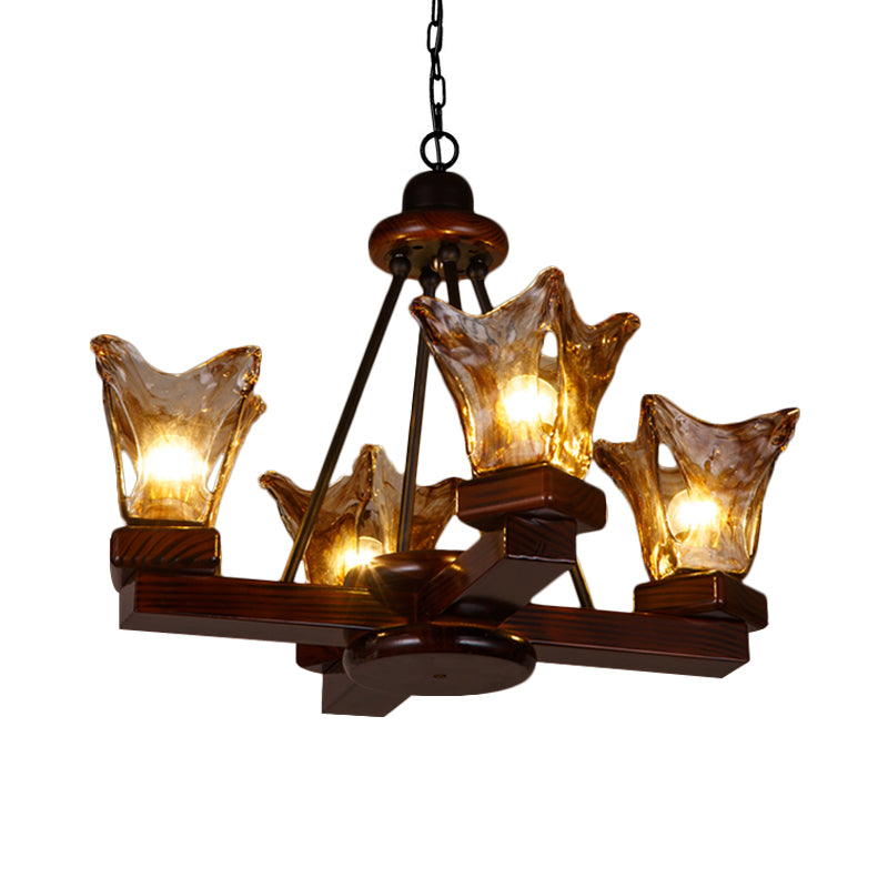 Wood Flower Shaped Hanging Chandelier Rustic 4/6 Lights Pendant - Rebooters