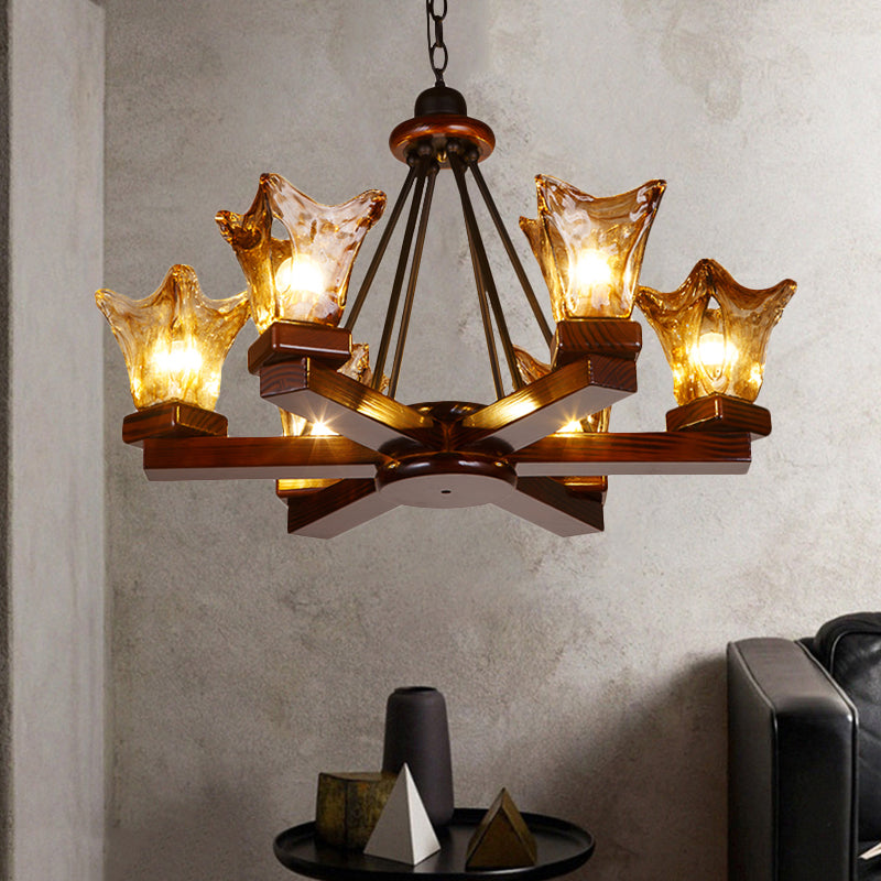 Wood Flower Shaped Hanging Chandelier Rustic 4/6 Lights Pendant - Rebooters