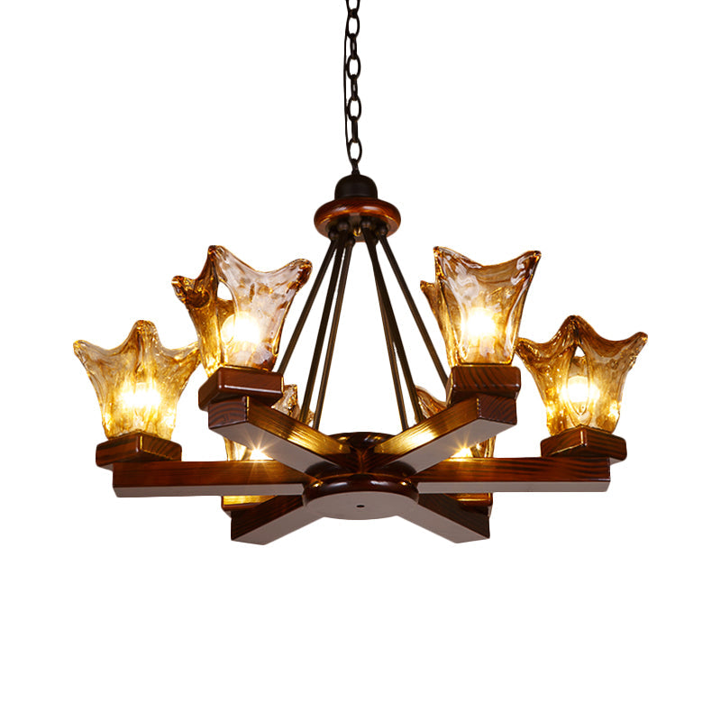 Wood Flower Shaped Hanging Chandelier Rustic 4/6 Lights Pendant - Rebooters