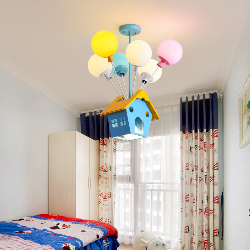 Blue Balloon House Hanging Lamp Cartoon 6 Bulbs Chandelier - Rebooters