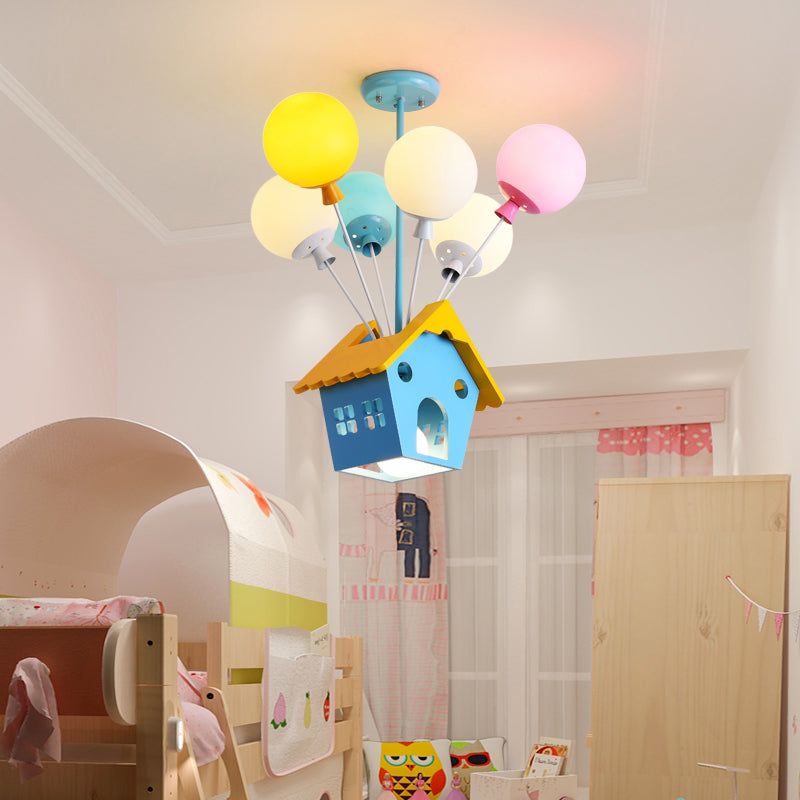 Blue Balloon House Hanging Lamp Cartoon 6 Bulbs Chandelier - Rebooters