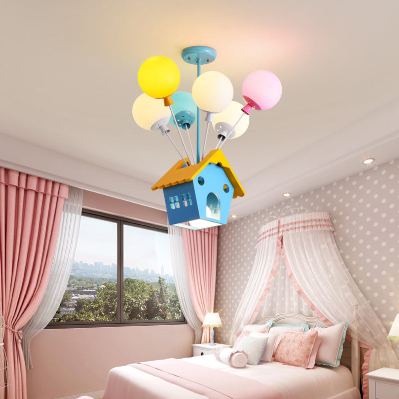 Blue Balloon House Hanging Lamp Cartoon 6 Bulbs Chandelier - Rebooters