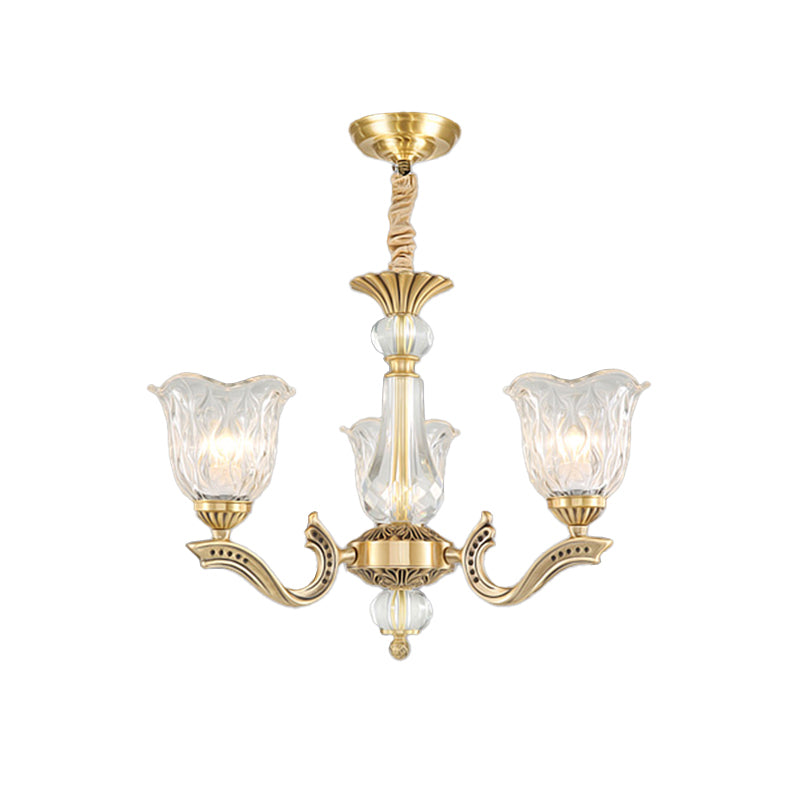 3 Lights Chandelier Lighting Antique Scalloped Clear Crystal Glass Suspension Lamp in Gold - Rebooters