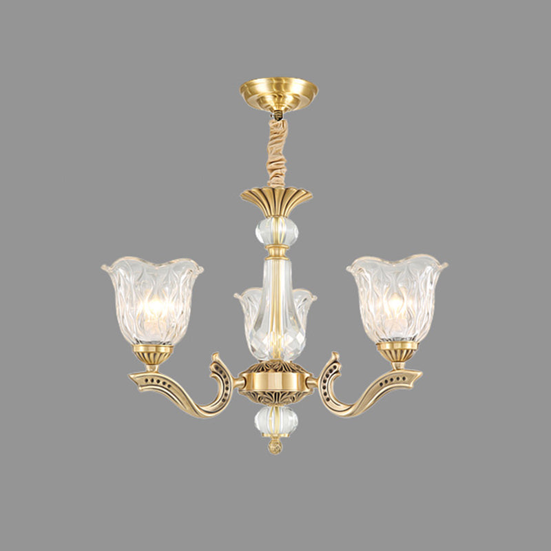 3 Lights Chandelier Lighting Antique Scalloped Clear Crystal Glass Suspension Lamp in Gold - Rebooters