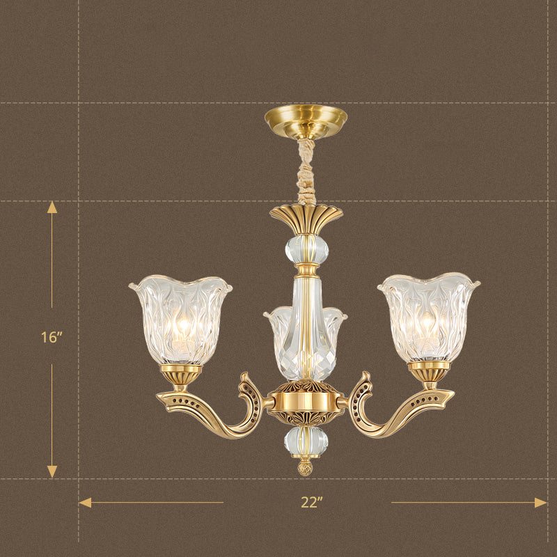 3 Lights Chandelier Lighting Antique Scalloped Clear Crystal Glass Suspension Lamp in Gold - Rebooters