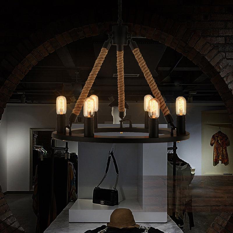 Circular Living Room Chandelier Farmhouse Black Metal Light - Rebooters