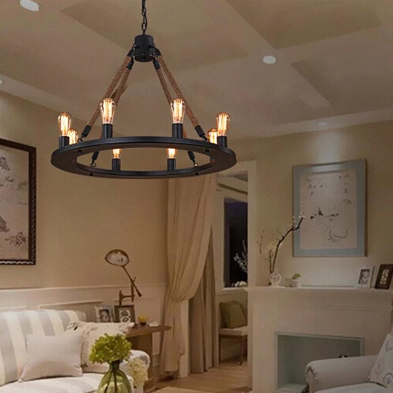 Circular Living Room Chandelier Farmhouse Black Metal Light - Rebooters