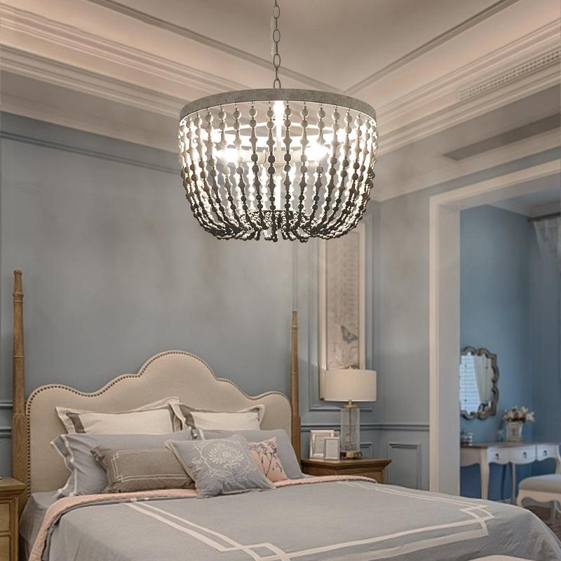 Beaded Wood Chandelier Lamp Rustic 3 Lights Black Fixture - Rebooters