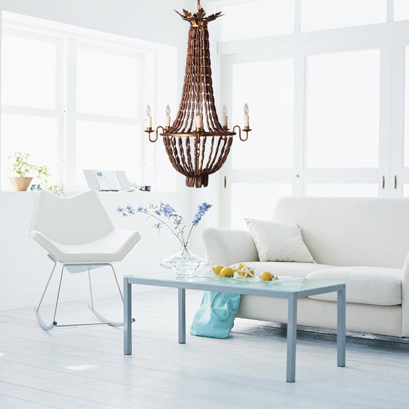Empire Living Room Chandelier Lighting Vintage Wood 5 Lights Red Brown Pendant Light - Rebooters