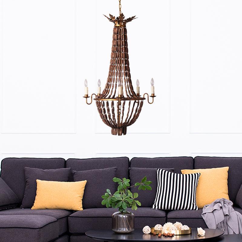 Empire Living Room Chandelier Lighting Vintage Wood 5 Lights Red Brown Pendant Light - Rebooters