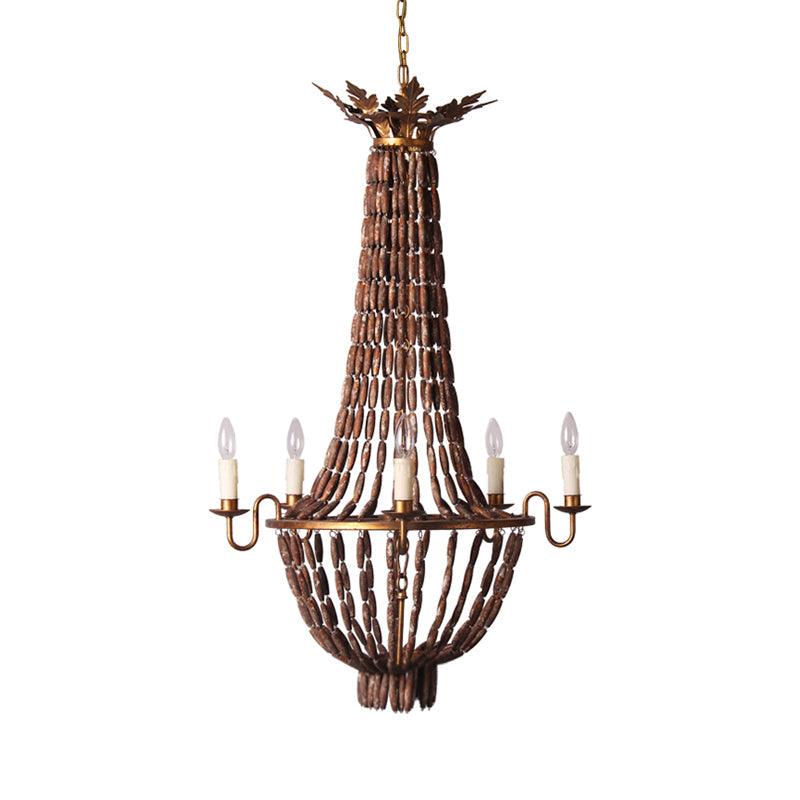 Empire Living Room Chandelier Lighting Vintage Wood 5 Lights Red Brown Pendant Light - Rebooters