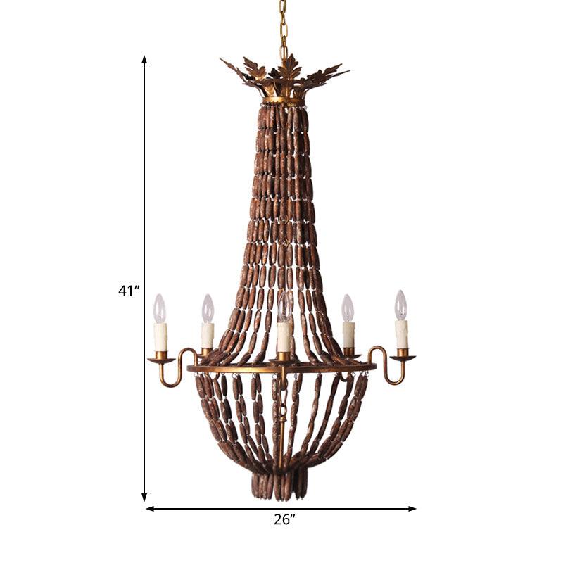 Empire Living Room Chandelier Lighting Vintage Wood 5 Lights Red Brown Pendant Light - Rebooters