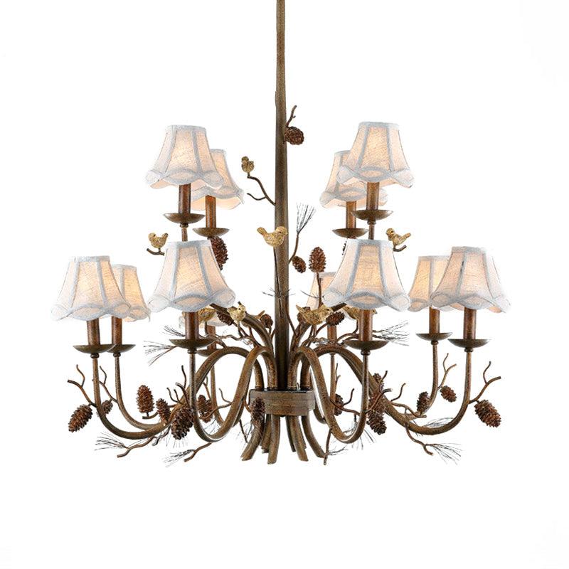 12 Lights Scalloped Chandelier Rustic Brown Metal Pendant Light - Rebooters