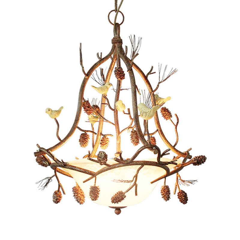 3 Lights Frosted Glass Hanging Chandelier Country Brown Bowl Dining Room Pendant Light Fixture - Rebooters