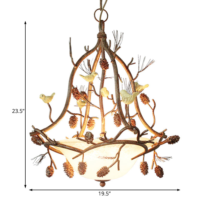 3 Lights Frosted Glass Hanging Chandelier Country Brown Bowl Dining Room Pendant Light Fixture - Rebooters