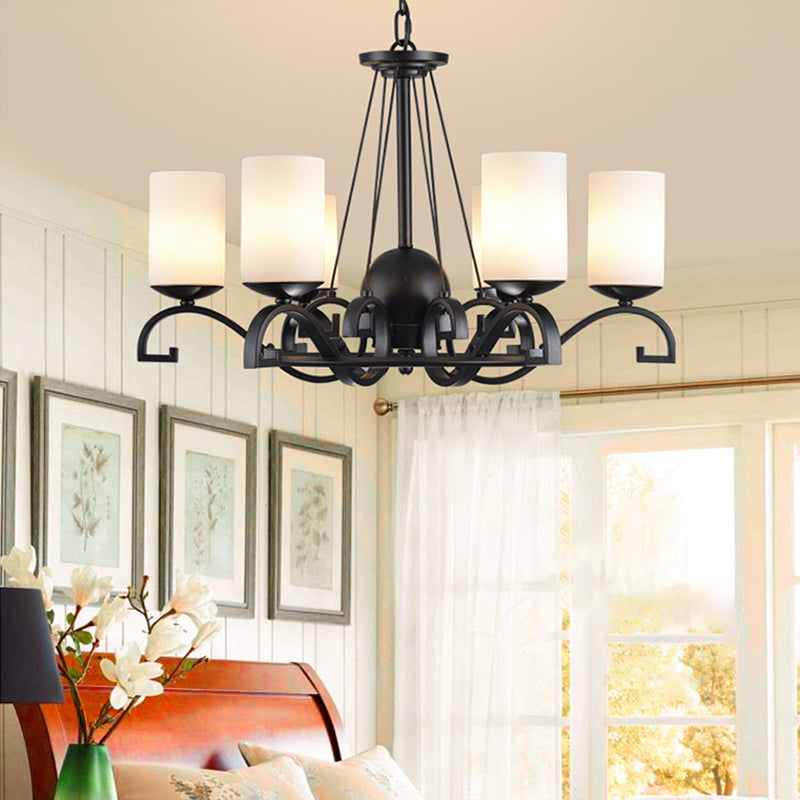 White Glass Cylinder Chandelier Light Fixture Rustic 6 Lights Bedroom Hanging Ceiling Light in Black - Rebooters