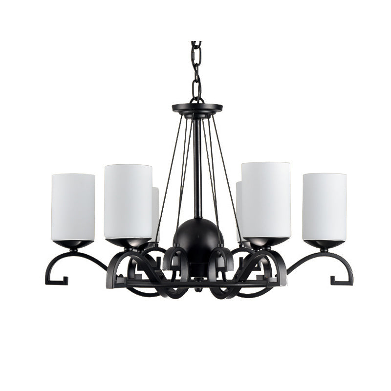 White Glass Cylinder Chandelier Light Fixture Rustic 6 Lights Bedroom Hanging Ceiling Light in Black - Rebooters