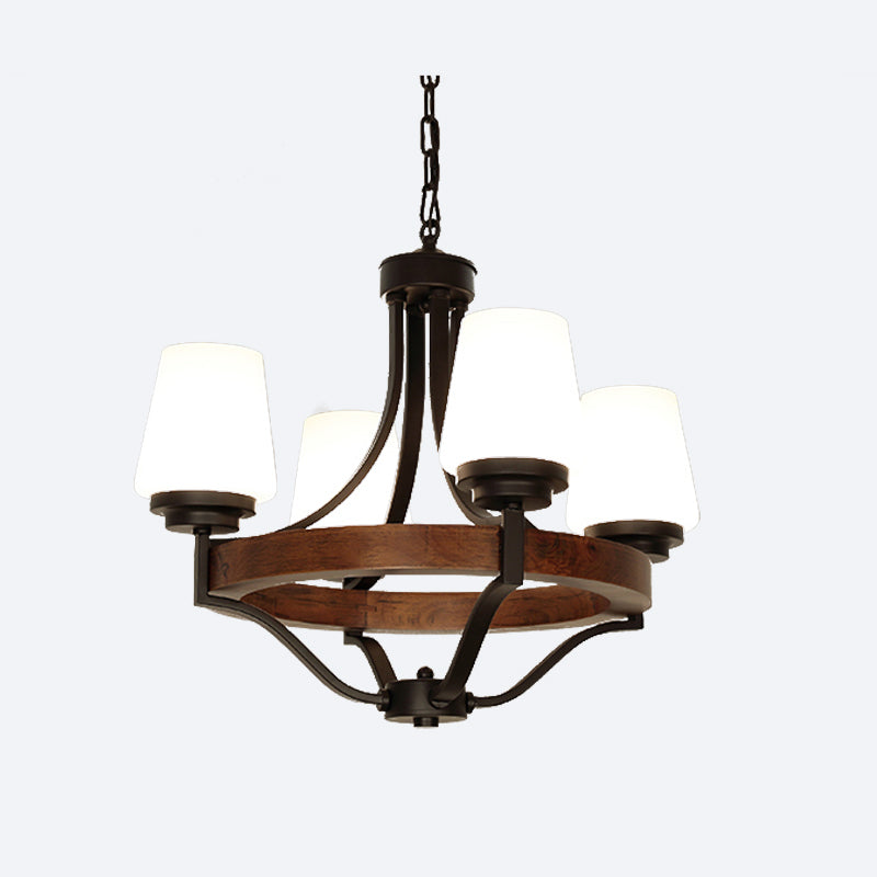 White Glass Cone Ceiling Light Fixture Rustic 4 Lights Dining Chandelier with Wooden Ring in Black - Rebooters