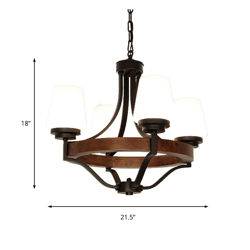 White Glass Cone Ceiling Light Fixture Rustic 4 Lights Dining Chandelier with Wooden Ring in Black - Rebooters