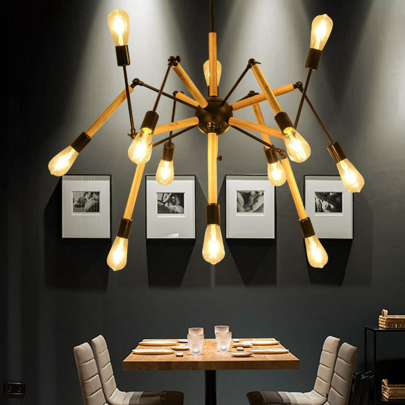 Wooden Spider Suspension Lighting Loft Style 12-Bulb Chandelier - Rebooters