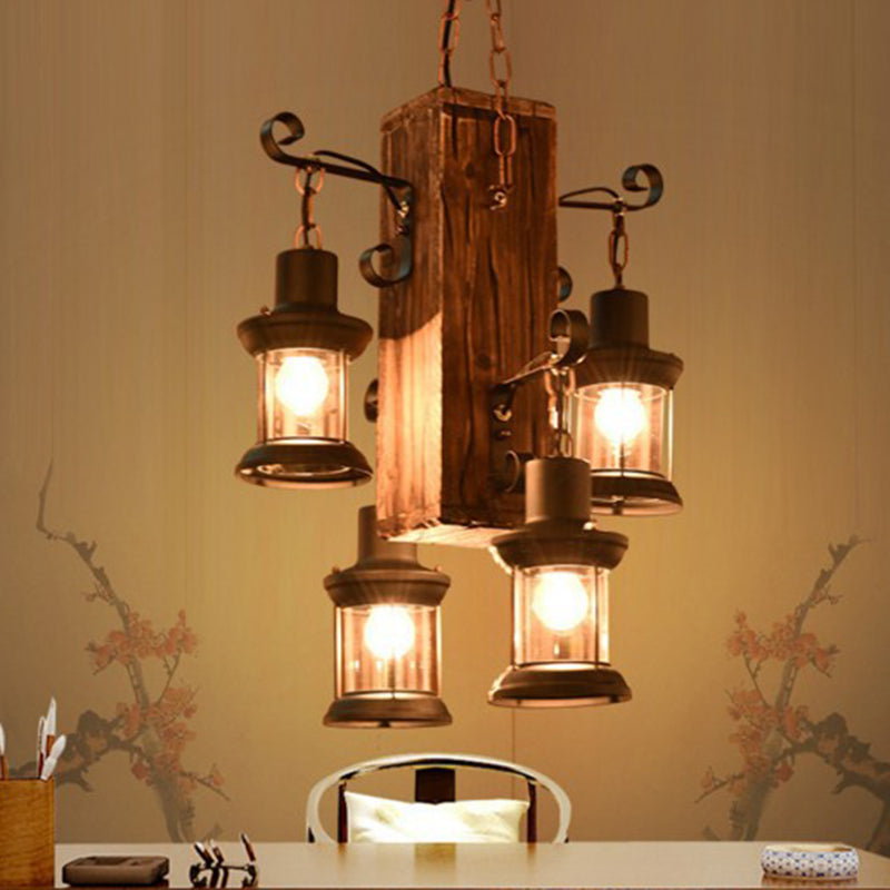 Wood 4 Heads Suspension Lighting Rustic Clear Glass Lantern Chandelier - Rebooters