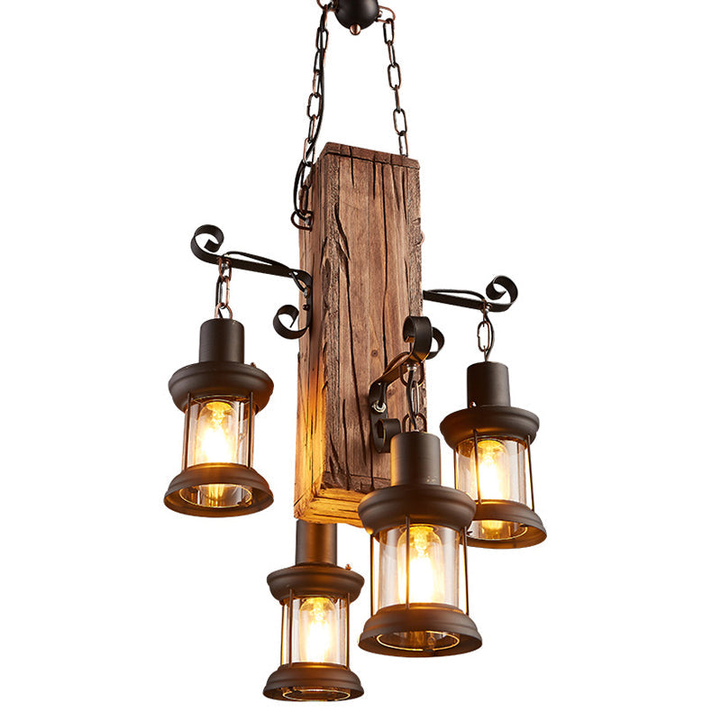 Wood 4 Heads Suspension Lighting Rustic Clear Glass Lantern Chandelier - Rebooters