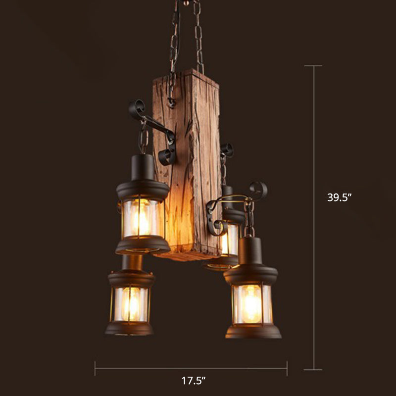 Wood 4 Heads Suspension Lighting Rustic Clear Glass Lantern Chandelier - Rebooters