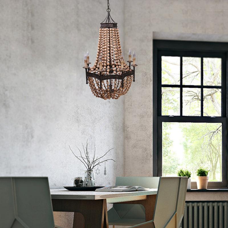 8 Heads Candle Ceiling Chandelier Traditional Wood Lighting Fixture in Beige - Rebooters