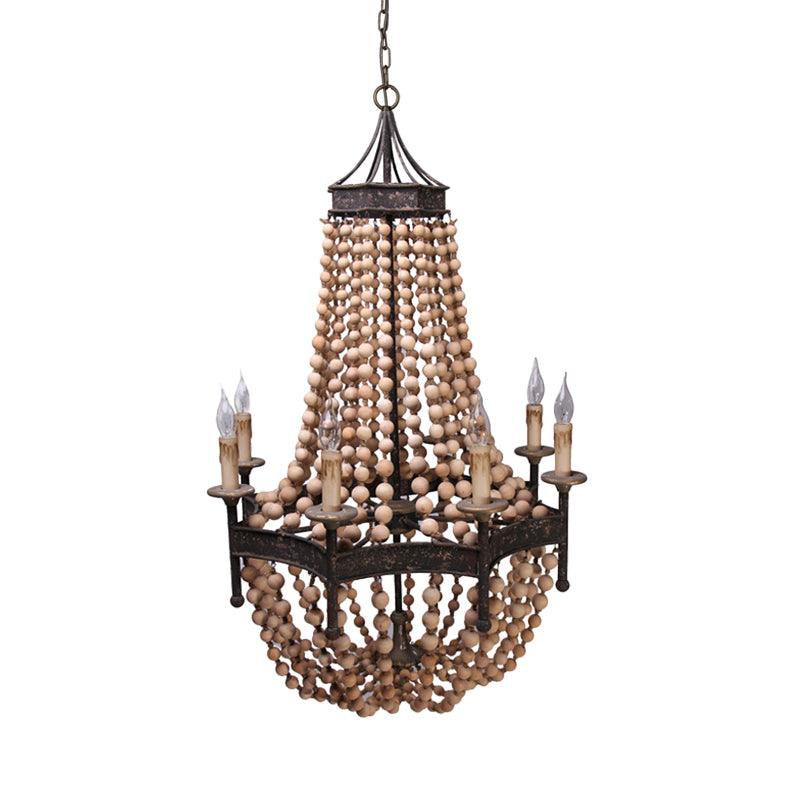 8 Heads Candle Ceiling Chandelier Traditional Wood Lighting Fixture in Beige - Rebooters