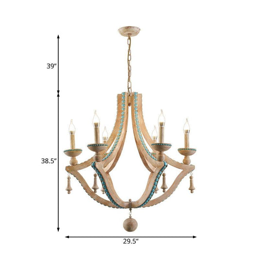 Beige Candle Ceiling Chandelier Traditional Wood 6 Heads Light Fixture - Rebooters