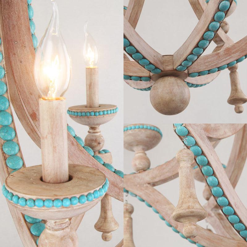 Beige Candle Ceiling Chandelier Traditional Wood 6 Heads Light Fixture - Rebooters