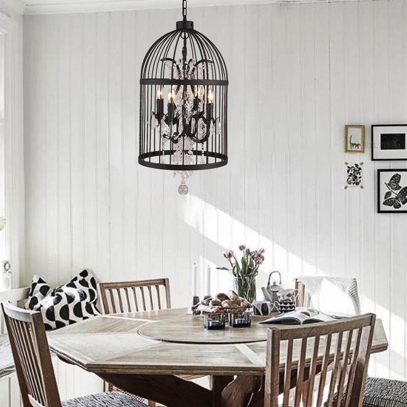 4 Lights Birdcage Chandelier Lighting Rustic Black Metal Pendant Light - Rebooters