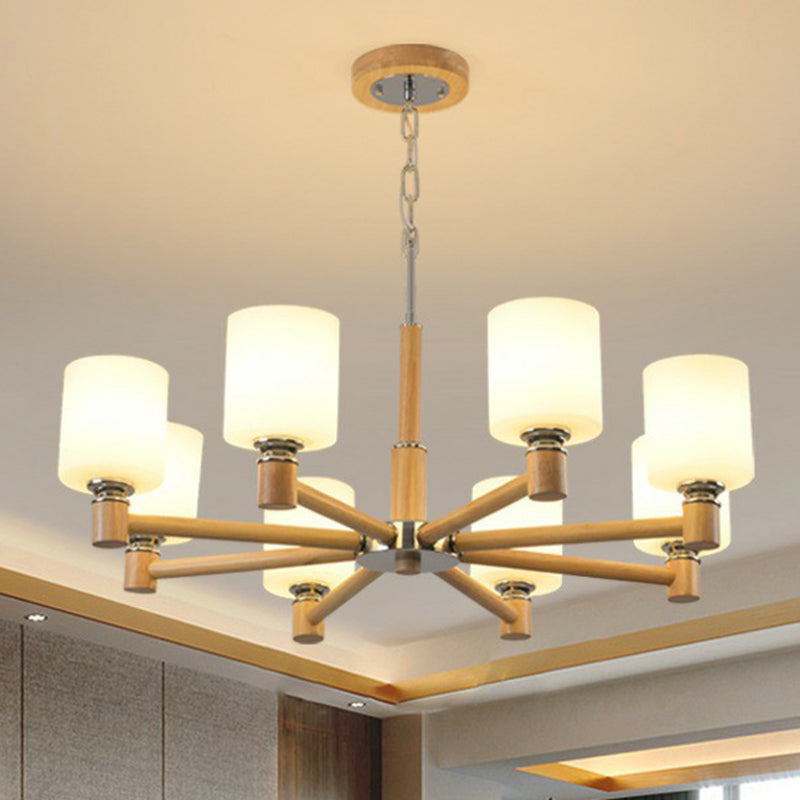 Wood Cylinder Ceiling Chandelier Minimalist White Glass Light - Rebooters