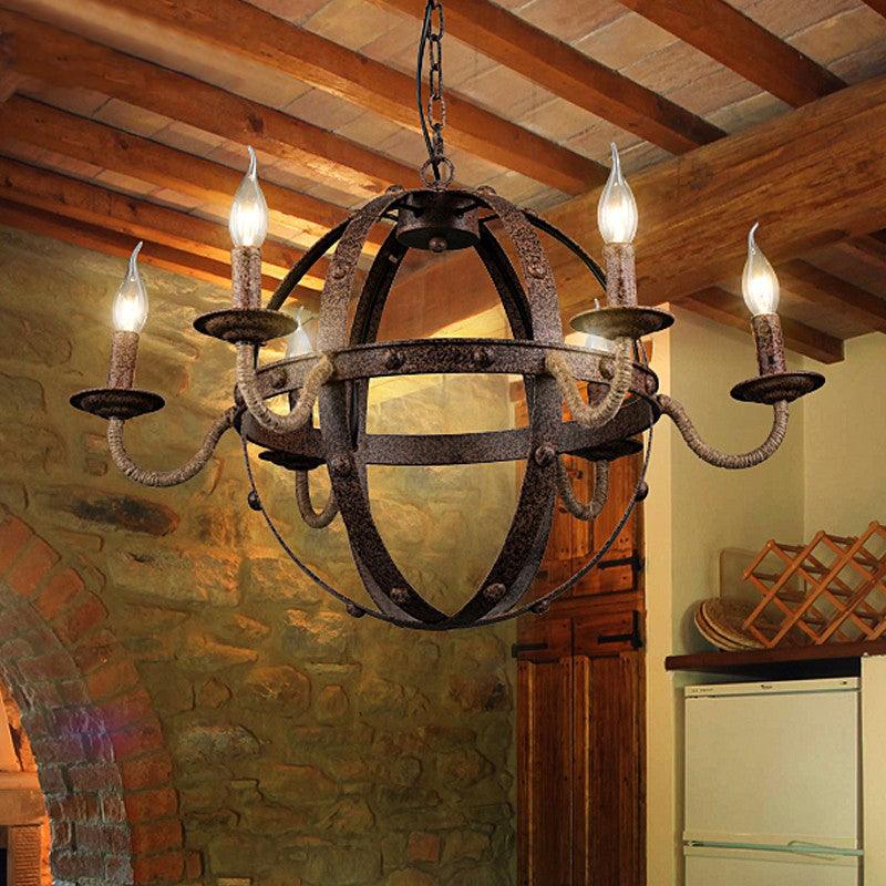 Globe Metal Chandelier Lamp Country Style 6 Lights Dining Room Pendant Lighting in Rust - Rebooters