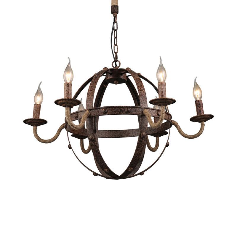 Globe Metal Chandelier Lamp Country Style 6 Lights Dining Room Pendant Lighting in Rust - Rebooters