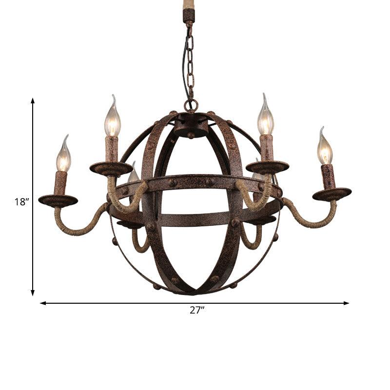 Globe Metal Chandelier Lamp Country Style 6 Lights Dining Room Pendant Lighting in Rust - Rebooters