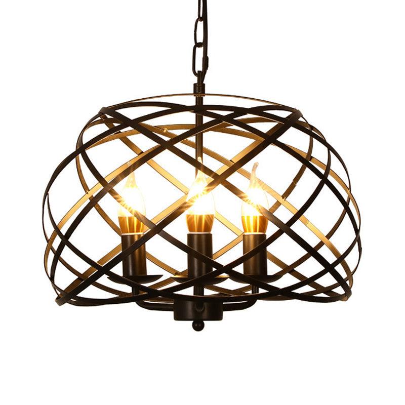 Black 3 Lights Chandelier Light Fixture Country Metal Caged Pendant Lamp - Rebooters