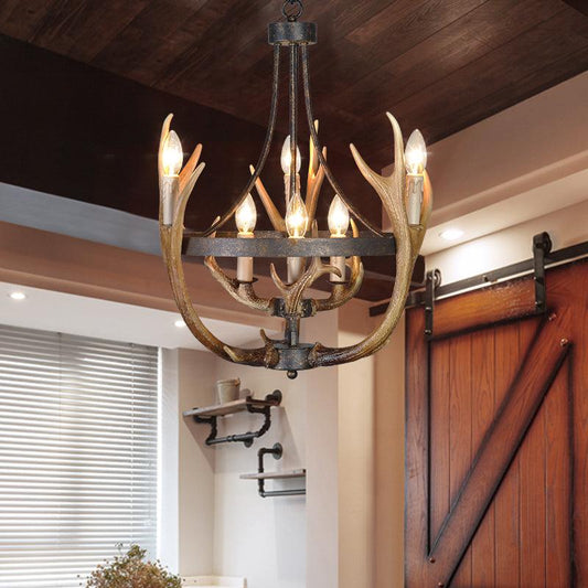6/9 Lights Pendant Lighting Rustic Wheel Resin Chandelier Lamp in Brown for Dining Room with Elk Deco - Rebooters