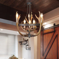 6/9 Lights Pendant Lighting Rustic Wheel Resin Chandelier Lamp in Brown for Dining Room with Elk Deco - Rebooters
