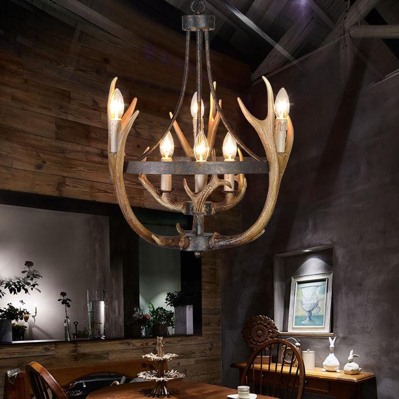 6/9 Lights Pendant Lighting Rustic Wheel Resin Chandelier Lamp in Brown for Dining Room with Elk Deco - Rebooters