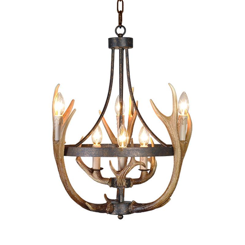 6/9 Lights Pendant Lighting Rustic Wheel Resin Chandelier Lamp in Brown for Dining Room with Elk Deco - Rebooters