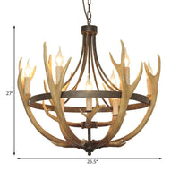 6/9 Lights Pendant Lighting Rustic Wheel Resin Chandelier Lamp in Brown for Dining Room with Elk Deco - Rebooters