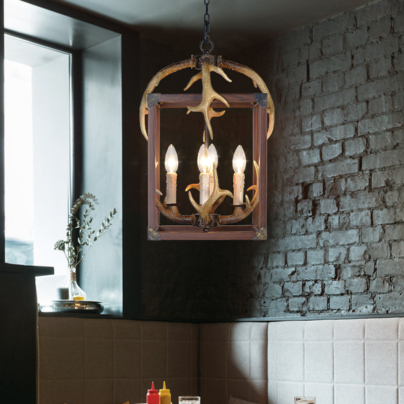 Red Brown Rectangle Frame Pendant Lighting Rustic Metal 4/8 Lights Chandelier Lamp - Rebooters