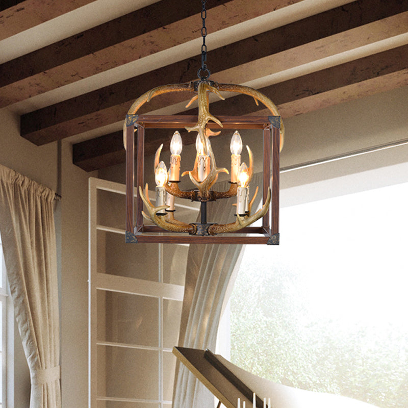 Red Brown Rectangle Frame Pendant Lighting Rustic Metal 4/8 Lights Chandelier Lamp - Rebooters