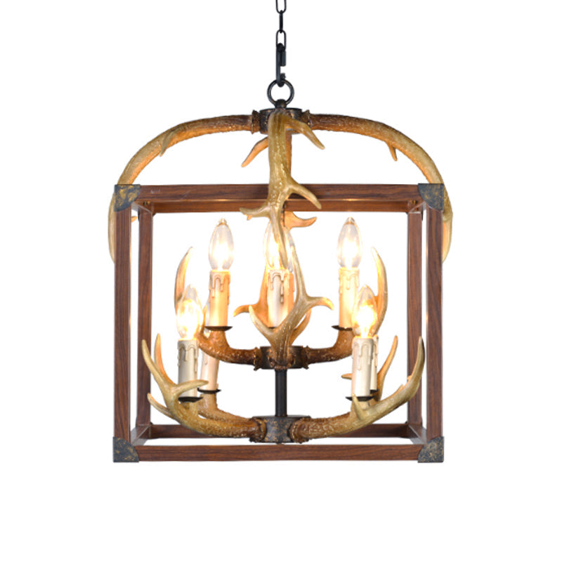 Red Brown Rectangle Frame Pendant Lighting Rustic Metal 4/8 Lights Chandelier Lamp - Rebooters