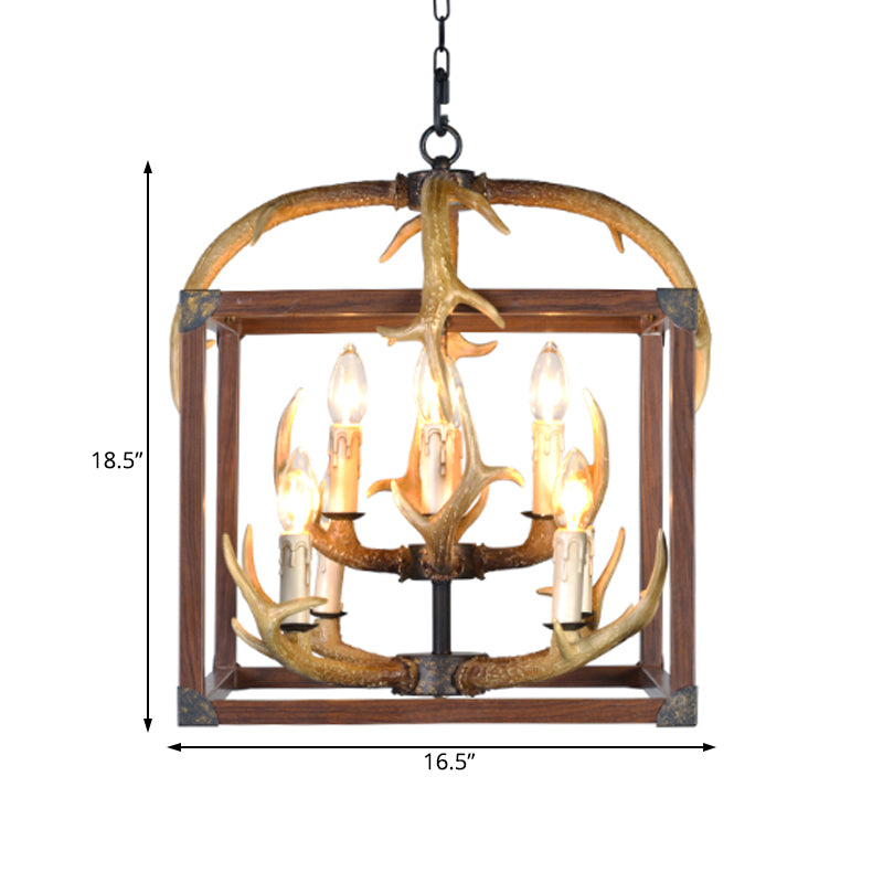Red Brown Rectangle Frame Pendant Lighting Rustic Metal 4/8 Lights Chandelier Lamp - Rebooters