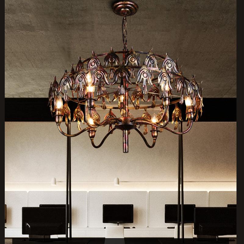 Exposed Bulb Living Room Pendant Chandelier Country Metal 9 Lights Rustic Copper - Rebooters